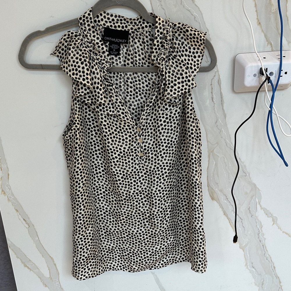 Cynthia Rowley 100% Silk Black and White Polka Dot Blouse Size M
